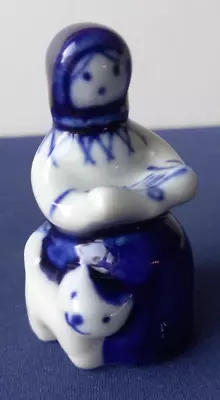 Buy Vintage USSR Hand Painted Blue & White Gzhel Figurine Of Woman & Cat 1970's • 12£