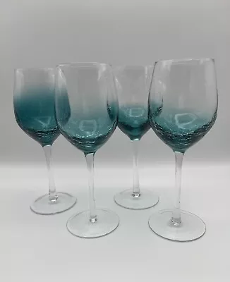Buy Pier 1 Imports Blue Teal Crackle Glass Wine Glasses ~ Set Of 4 • 68.39£