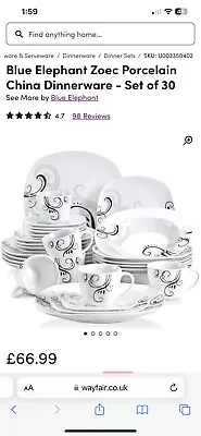Buy BNIB Blue Elephant Zoec Porcelain China Dinnerware - Set Of 30 • 35£