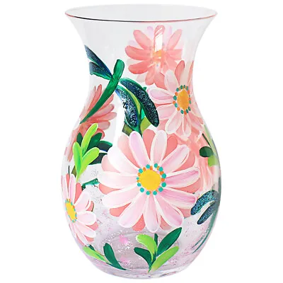 Buy Daisies & Dragonflies Glass Decorative Clear Vase Handpaint Floral Flower Design • 13.50£