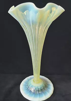 Buy Kempton Victorian Straw Opal Uranium Ribbed Trumpet Art & Crafts Glass Vase 1890 • 165£