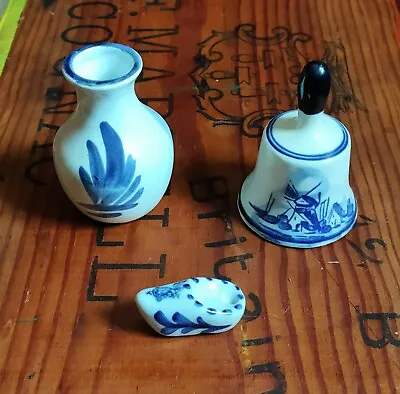 Buy Old/vintage Delftware Blue And White 3 Items Dutch Clog, Bell, Vase. Vgc • 8£