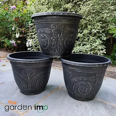 Buy Round Garden Decorative Planter Pot Outdoor Ornate Black Gothic 30cm Plant Pots • 8.49£