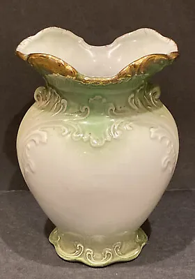 Buy Stanley Pottery Flow Green Pitcher Vase  5” Tall Gold Rimmed Vintage Beautiful • 17.27£