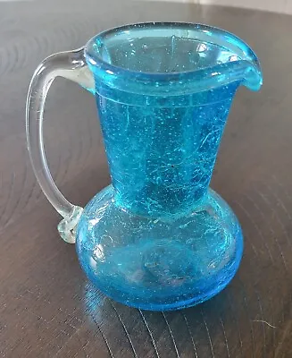 Buy BLUE CRACKLE GLASS PITCHER CREAMER VINTAGE GLASS VINTAGE Clear Applied Handle • 9.48£