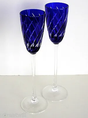 Buy 2 Ajka Cobalt Blue Cased Hand Cut To Clear Crystal Tall Wine Cordial Liquers • 71.15£