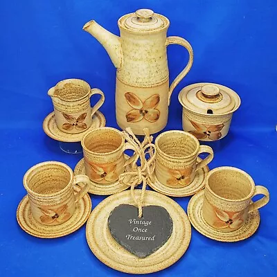 Buy Vintage Rustic STONEWARE COFFEE SET * Hand Crafted Hand Painted FLOWERS * VGC • 10.91£