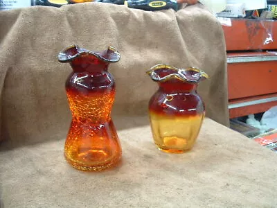 Buy Antique Set Of Two Crimson Red & Yellow Shade Hand Blown Glass Flower Vases • 45.54£