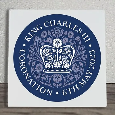 Buy Coronation Ceramic Tile Picture Plaque King Charles Navy White Vivid Squid 20x20 • 24.99£