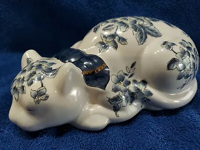 Buy VTG  Blue & White Chinoiserie Porcelain “Sleeping Cat” Figurine-LARGE 10” -MINT • 14.23£