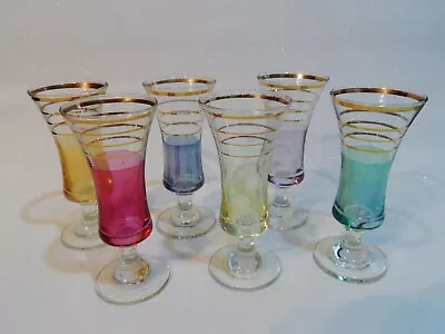 Buy Very Rare 1940's Set Of 6 Gold Rimmed Multi-cloured Sherry Schooners Glasses • 12.99£