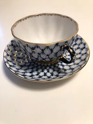 Buy Vintage Imperial Lomonosov Porcelain Teacup And Saucer Cobalt Net Pattern • 43.16£