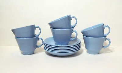 Buy Vintage Woods Ware Iris Blue 6 Cups & Saucers 1940's 50's Utility • 24.95£