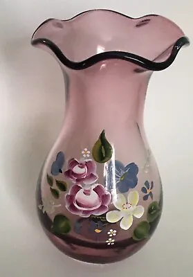 Buy Vintage Fenton Designed Teleflora Amethyst Purple Glass Vase Hand Painted Floral • 23.72£