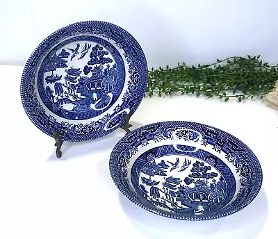 Buy 2 Vintage Churchill England Blue Willow Transferware Cereal Bowls Pagoda Birds • 23.71£
