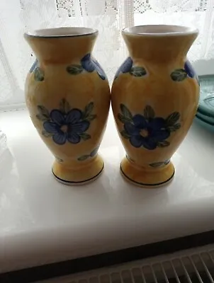 Buy 2 X SMALL HAND PAINTED VASE YELLOWY WHITE WITH BLUE FLOWERS • 7£