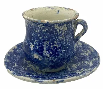 Buy Antique ~ Cobalt Blue Spatter Ware 💙Childs Cup & Saucer Handmade Pottery • 27.47£
