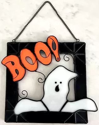 Buy HALLOWEEN Genuine Stained Glass Window Hanger White Ghost  BOO!  - Vintage • 12.29£