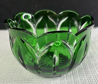 Buy Emerald Green & Clear Art Glass Rose Bowl Scalloped Edges 3.25” X 4.5” • 24.01£