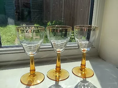Buy Vintage Set Of 3 Crystal Cut Sherry Cordial Glasses Amber Stem & Gold Leaf Rim • 0.99£