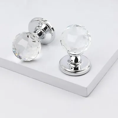 Buy Pair Of Solid Round Crystal Cut Faceted Clear Glass Mortice Door Knobs Chrome • 19.99£