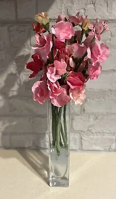 Buy Artificial Flower Bouquet In Square Glass Vase Ornament H 20 Cms Pink Sweet Peas • 10£