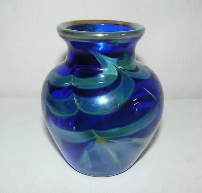 Buy Cobalt Blue Pulled Feather 5  Swirl Pattern Iridescent Vase Signed • 137.27£