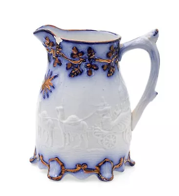 Buy Antique Yorkshire Leathley Road Pottery Moulded Flow Blue Jug Elephants & Camels • 16.99£