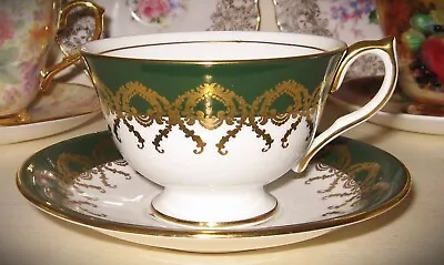 Buy Aynsley Tea Cup & Saucer, Forest Green & Gold Filigree, Hand Painted Pink Rose • 16.98£