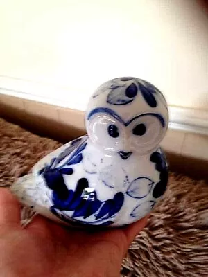 Buy Owl Ornament Figurine Blue And White Ceramic Glossy • 9£