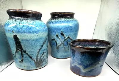 Buy Kenneth Merrick Pottery - 3 Pieces - Blue Flambe Drip Glaze • 28.45£