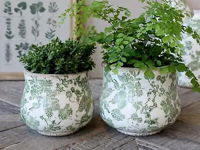 Buy Green & White French Flower Pattern Plant Pot, Pottery Curved Pot Melun Olive • 14£