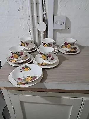 Buy 5 Vintage Queen Anne, Bone China Trio Cup Saucer Plate Red & Yellow Roses Design • 19.99£