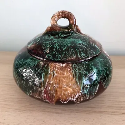 Buy Vallauris Pottery Lidded Round Pot Sugar Bowl Green And Brown Drip Glaze • 24.99£