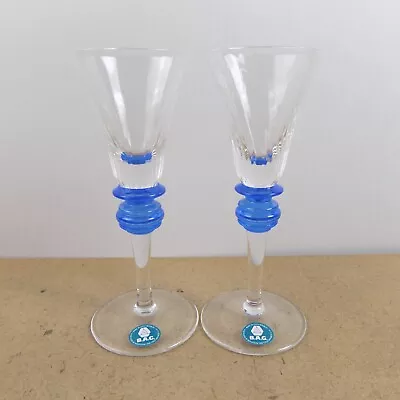 Buy 2 B.A.G. Czech Cordial Wine Glasses Blue & Clear Barovier & Toso 6.1  Tall • 38.15£