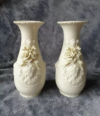 Buy Pair Vintage Belleek Style Cream Ceramic Vases Applied Roses & Cameo Head H8.5  • 24£