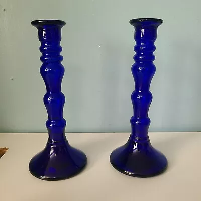 Buy Candlesticks Candle Holders Pair Vintage Cobalt Blue Pressed Glass 9 Inch • 16.40£