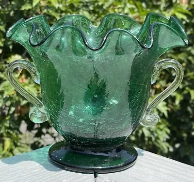 Buy Vintage Mid-Century Modern Emerald Green Crackle Glass Vase W/ Applied Handles • 37.80£