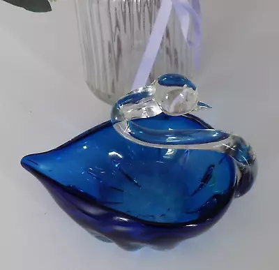 Buy Vintage Cobalt Blue Heavy Art Glass Swan Bowl Dish Stunning • 12£