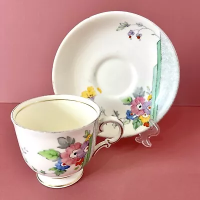 Buy Art Deco Tuscan China Cup & Saucer 1930s Hand Painted Floral Green 1936-39 3886A • 14.95£