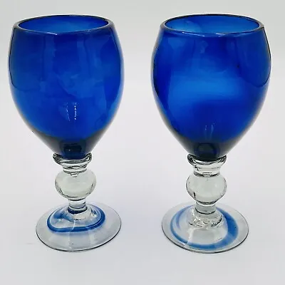 Buy Set Of 2  Cobalt Blue Giblets With Crystal Stems And With  Blue Swirl Footing • 20.82£