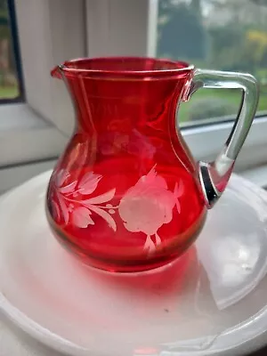 Buy Vintage Cranberry Coloured Glass Jug With A Clear Handle -  Good Condition • 4.99£