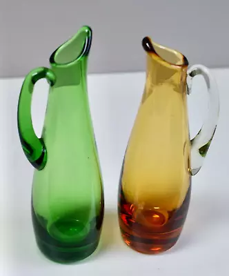 Buy Pair Vintage Polish Krosno Glass Small Jugs, Amber & Green • 20£