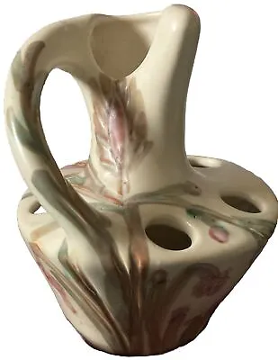 Buy Art Nouveau Pottery Flower Holder/Vase Sinuous Form Stylised Pink+Green Flowers • 48£