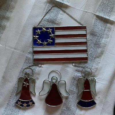 Buy Stained Glass Light Catcher Set.  Patriotic Red White Blue 3 Angels And Flag • 15.12£