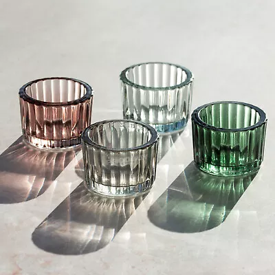 Buy Set Of 4 Small Ribbed Coloured Glass Tealight Candle Holders Wedding Decorations • 8£