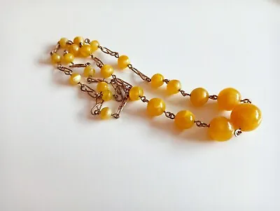 Buy Vintage Art Deco Yellow Satin Glass Bead Necklace On Rolled Gold Links • 34.99£