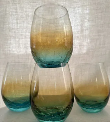 Buy 4-Pier 1 Stemless Wine Glasses,Home Dinning Kitchen Bar Crackle Blue/gold Ombre • 56.89£