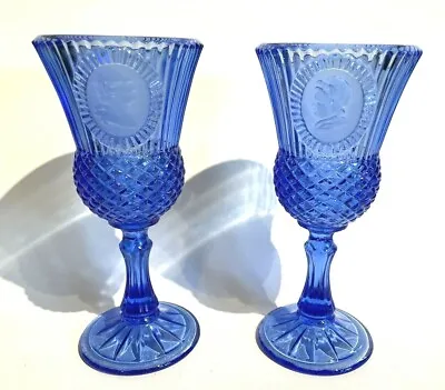 Buy Vintage Fostoria Cobalt Blue Glass Goblet Set Avon 1970 Martha & George Washingt • 17.25£
