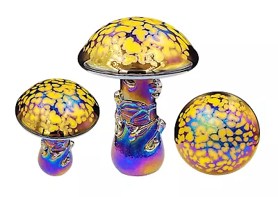 Buy Neo Art Glass Handmade Yellow Iridescent Mushroom Paperweight Ornament Glassware • 29.99£